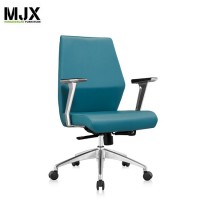 Good quality comfortable blue PU mid back boss chair with aluminium alloy base