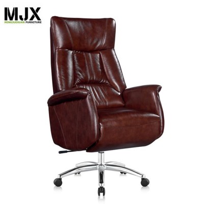 Luxury manual operation brown PU leather chair with 370mm chrome metal base